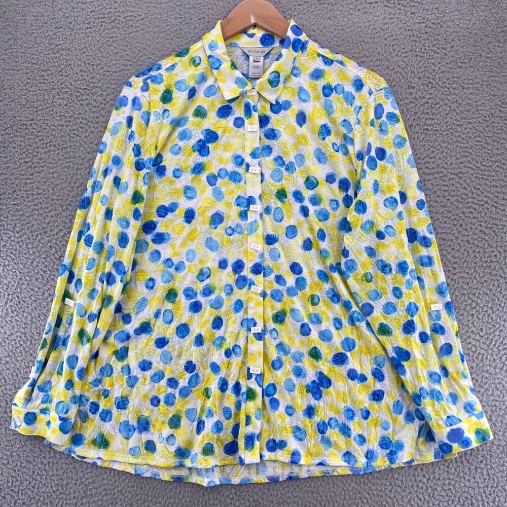 Multiples Top Womens 1X Plus Yellow Blue Polka Dot Watercolor Button Up Collared
